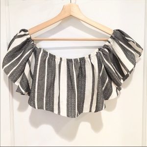 Misa Los Angeles Black and Cream/White Stripped Off the Shoulder Crop Top